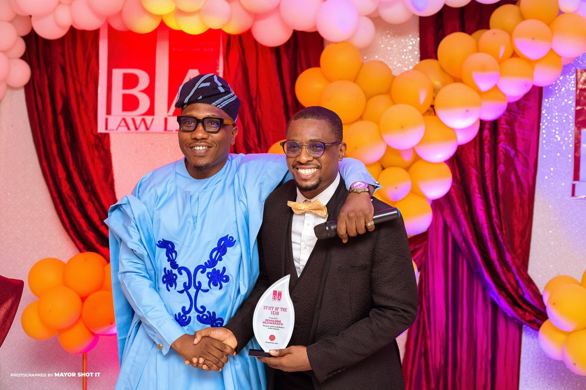 BALAWLLP1's tweet photo. At BA LAW LLP, we award excellence, diligence, and hard work.
Congratulations to Semilore Oluwatayo for emerging the Staff of the Year, and Ajibola Ariba for the long-service award.
#congratulations #Excellence #BALawLLP #LawFirm https://t.co/IYe3ZT8jLD