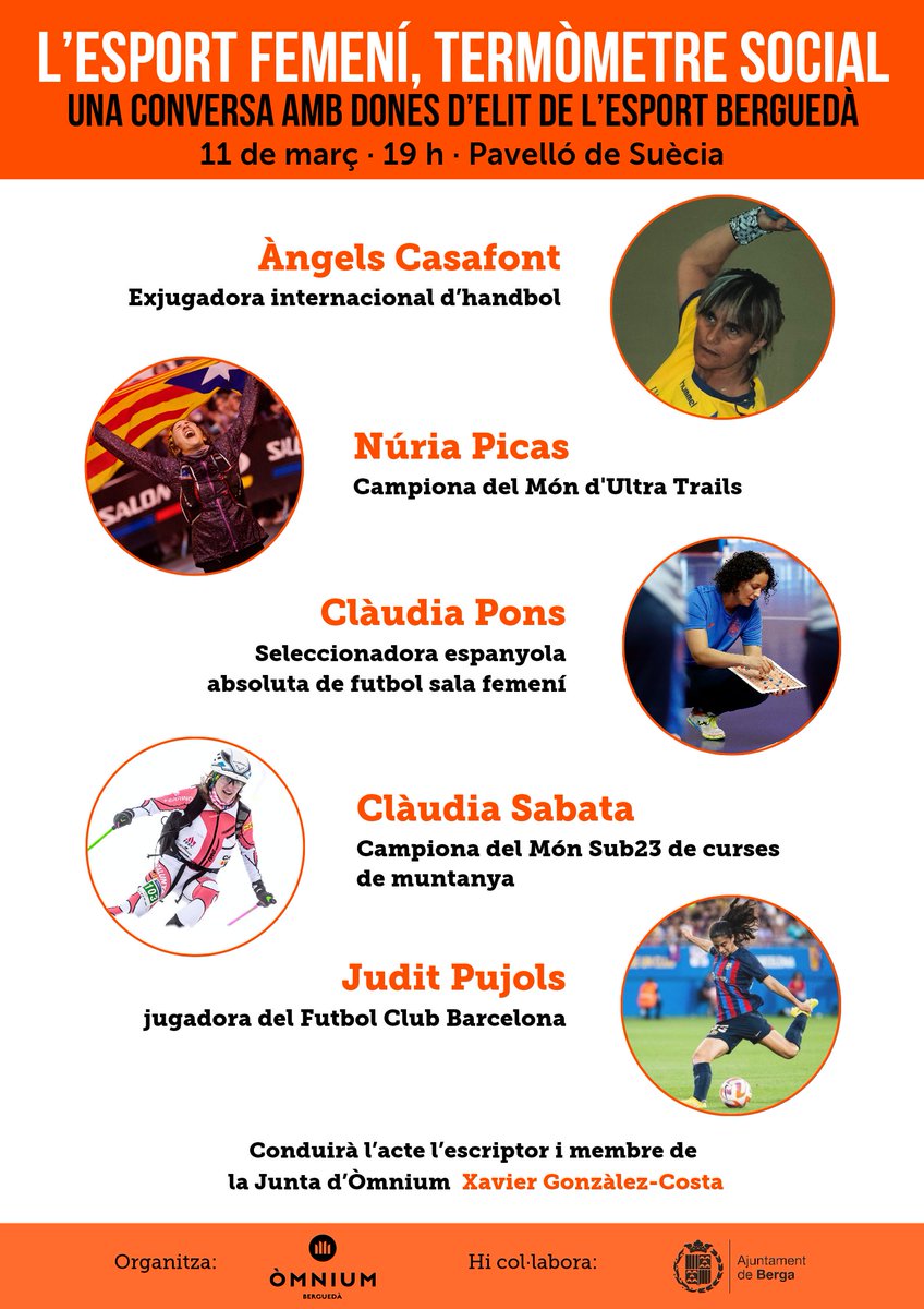 🗣 Taula rodona:
L’esport femení, termòmetre social. Una conversa amb dones d’elit de l’esport berguedà.

🗓️ dilluns, 11 de març de 2024
⏰ 7 de la tarda 
📌 Pavelló de Suècia