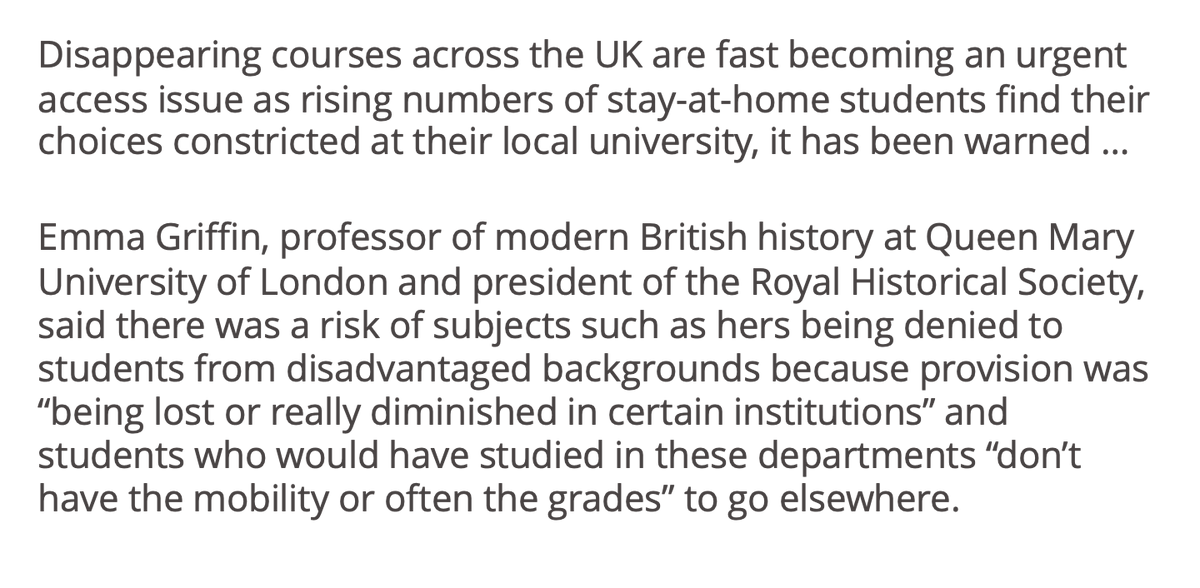 .@RoyalHistSoc President, Emma Griffin, is among those expressing concern at emerging 'cold spots' - of courses and options - for humanities provision in UK Higher Education, in an article published today @timeshighered bit.ly/3uRVSKV 1/2