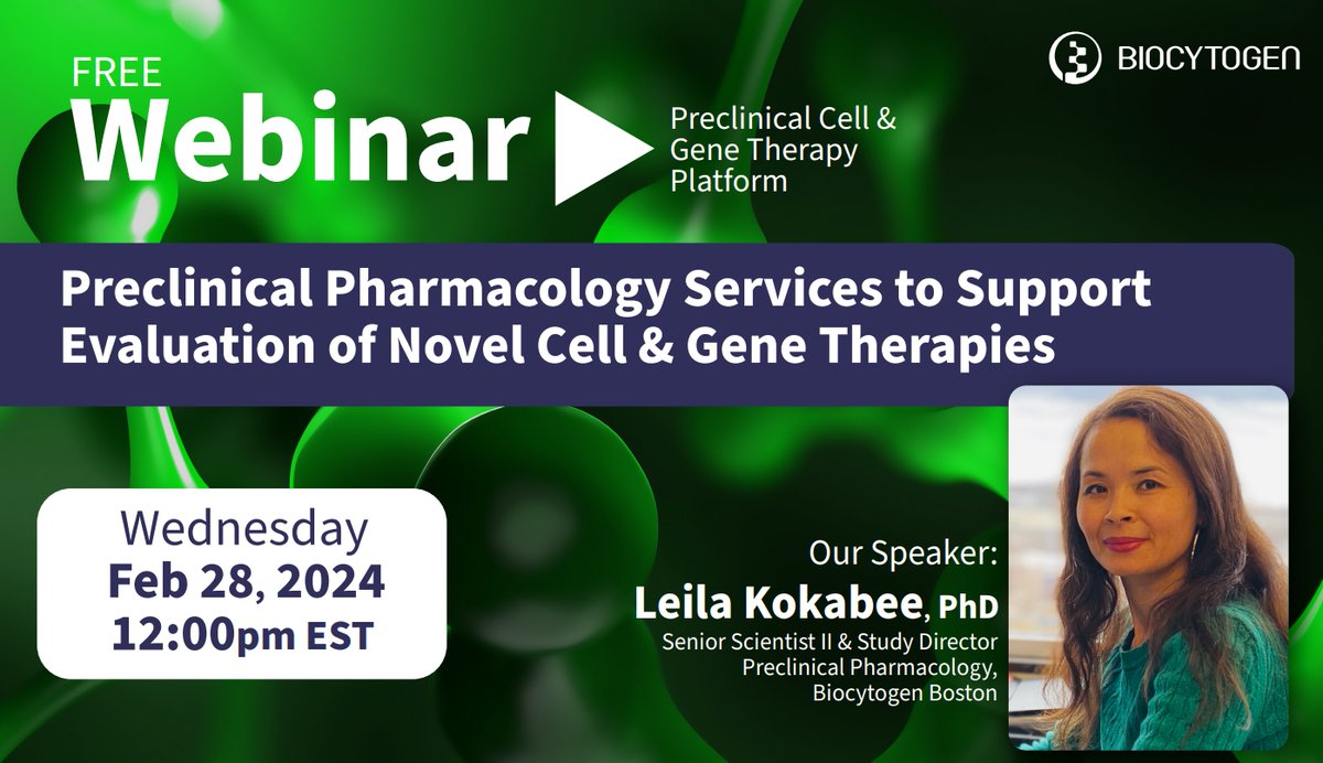 biocytogen's tweet image. Don’t miss TODAY’s FREE webinar “Preclinical Pharmacology Services to Support Evaluation of Novel Cell &amp;amp;Gene Therapies”! Register now if you haven’t yet👉biocytogen.zoom.us/webinar/regist… Leila Kokabee will provide an overview of the types of preclinical studies that can be performed &amp;amp;more