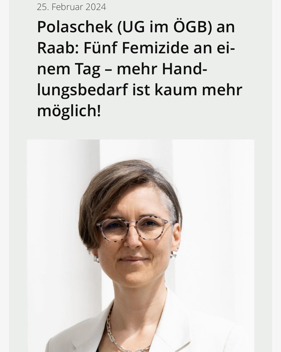 Marion Polaschek, UG-Vorsitzende zu den #Femiziden: 
“Die Haltung, dass in Österreich ohnehin schon so viel gemacht wird und kein akuter Bedarf an neuen Programmen bestehe, ist schlicht nicht mehr haltbar!”
@mariolaschek 
ug-oegb.at/polaschek-ug-i…