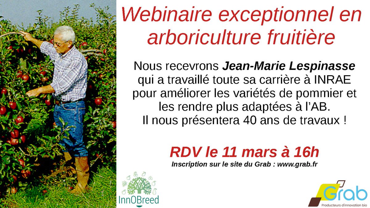 #InnOBreed partner @Grab_fr is organising a webinar for the #Frenchspeaking #audience on 11 March 16.00 CET. Mr Jean-Marie Lespinasse, retired researcher from @INRAE_Intl will talk about his research on the improvement of apple varieties. Register at: grab.fr/event/webinair…