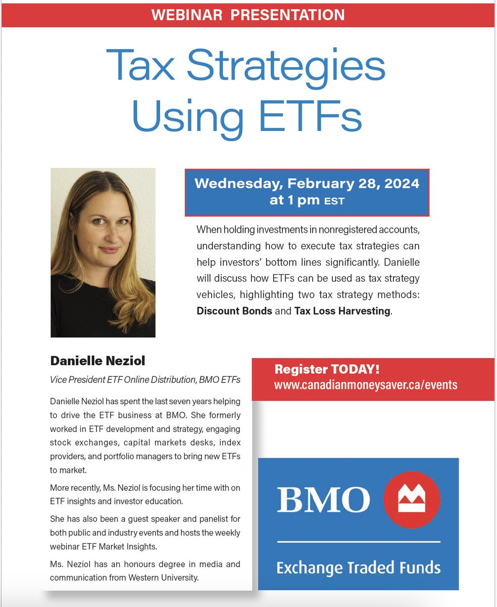 Today at 1pm!! Upcoming Webinar just in time for tax season with Danielle Neziol.  'Tax Strategies Using ETFs'  #ETFs @BMO
#taxation #taxes #portfolio #investing #retirement canadianmoneysaver.ca/events