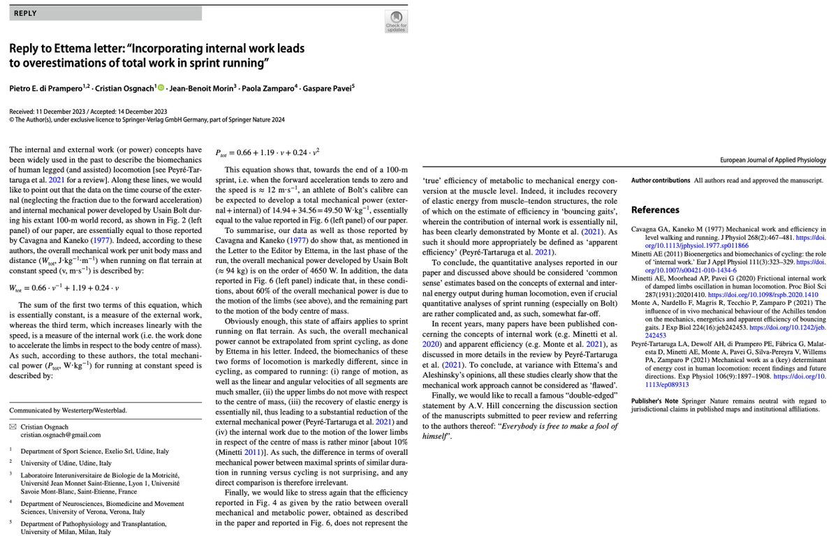 jb_morin's tweet photo. SPRINT🏃🏻mechanics &amp; energetics
Letter to the Editor by Ettema, response by diPrampero &amp;al 
Using cycling 🚴‍♂️- and isolated muscle🔬 arguments to support that a macroscopic sprint running 🏃🏻concept is "flawed" tells how confused some academics are on this topic 🙃🍊🍏
more soon... https://t.co/Qe5Yj6fK8C