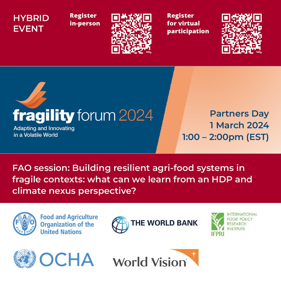 FAOemergencies's tweet image. At the #FragilityForum, hear from experts from @FAO, @WorldBank, @UNOCHA, @IFPRI, and @WorldVision on ways to build resilient agri-food systems in fragile contexts and the use of data for action.

👥Join in person: bit.ly/3SL5oHG
💻Join virtually: bit.ly/49mWBmj