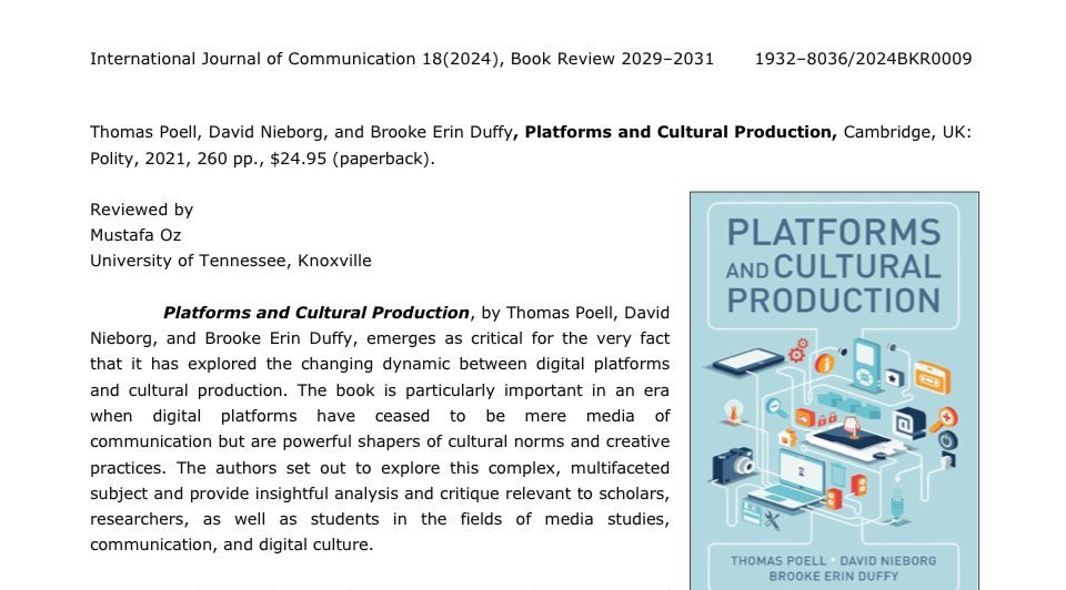 New pub alert!🚨 My book review of 'Platforms and Cultural Production' has just been published in the International Journal of Communication! #AcademicTwitter ijoc.org/index.php/ijoc…