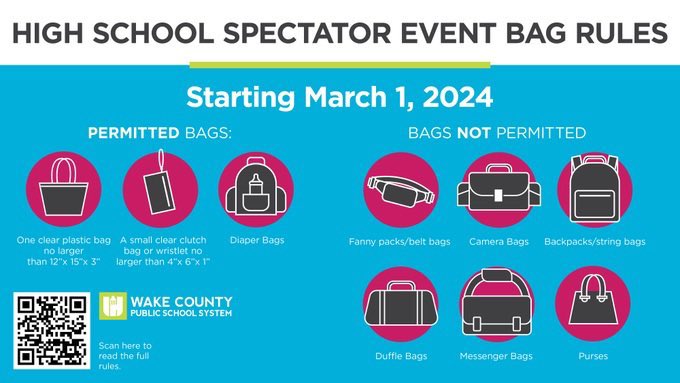 Beginning this Friday, clear bag requirements go in to effect at all @WCPSS high school spectator events.