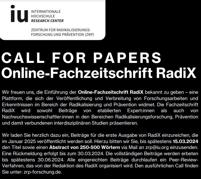 Für Forschende und Praktiker:innen: Das ZRP weist auf den aktuellen Call for Papers für die erste Ausgabe der RadiX – Zeitschrift für Radikalisierungsforschung und Prävention hin.