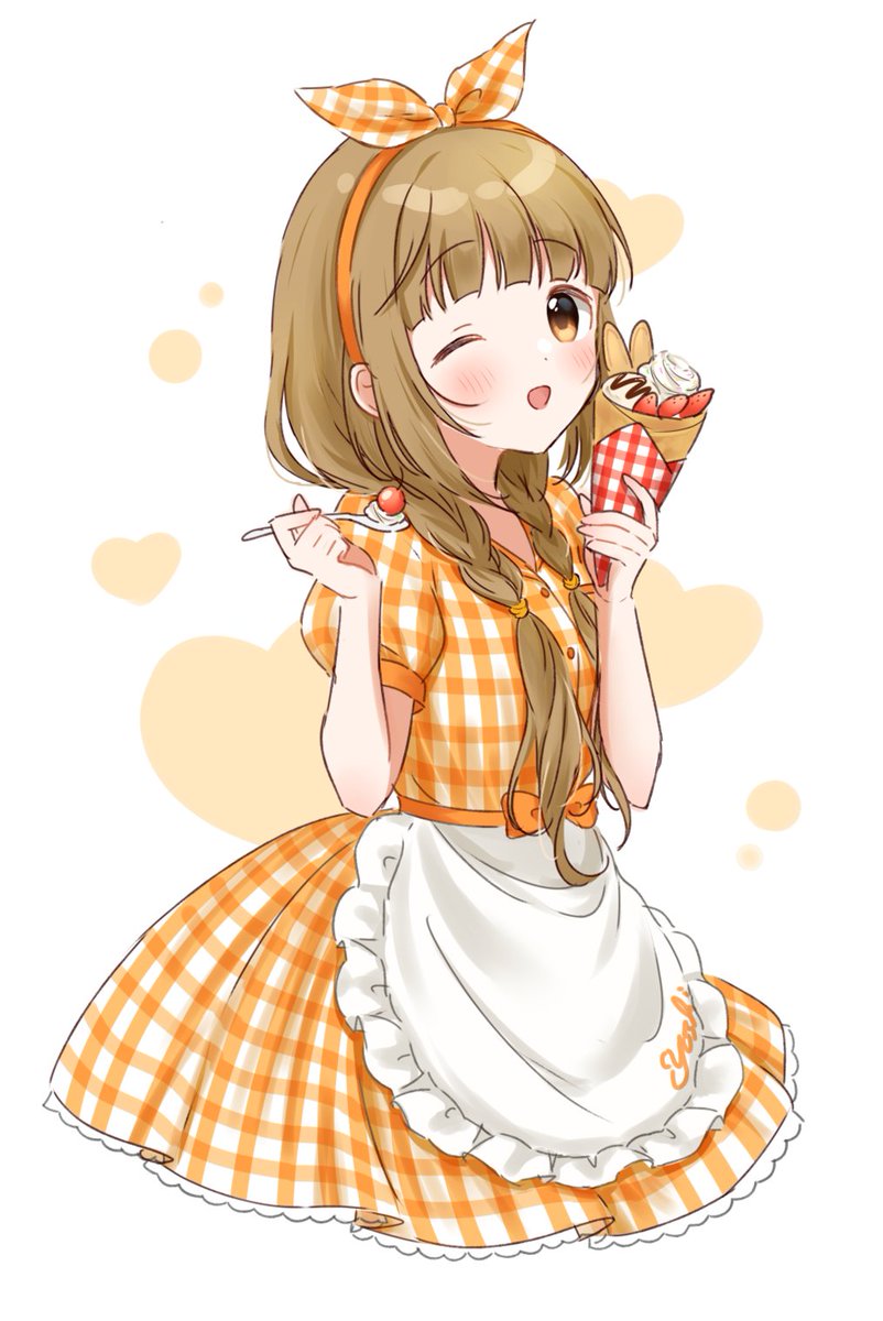 1girl solo one eye closed apron food brown hair dress  illustration images