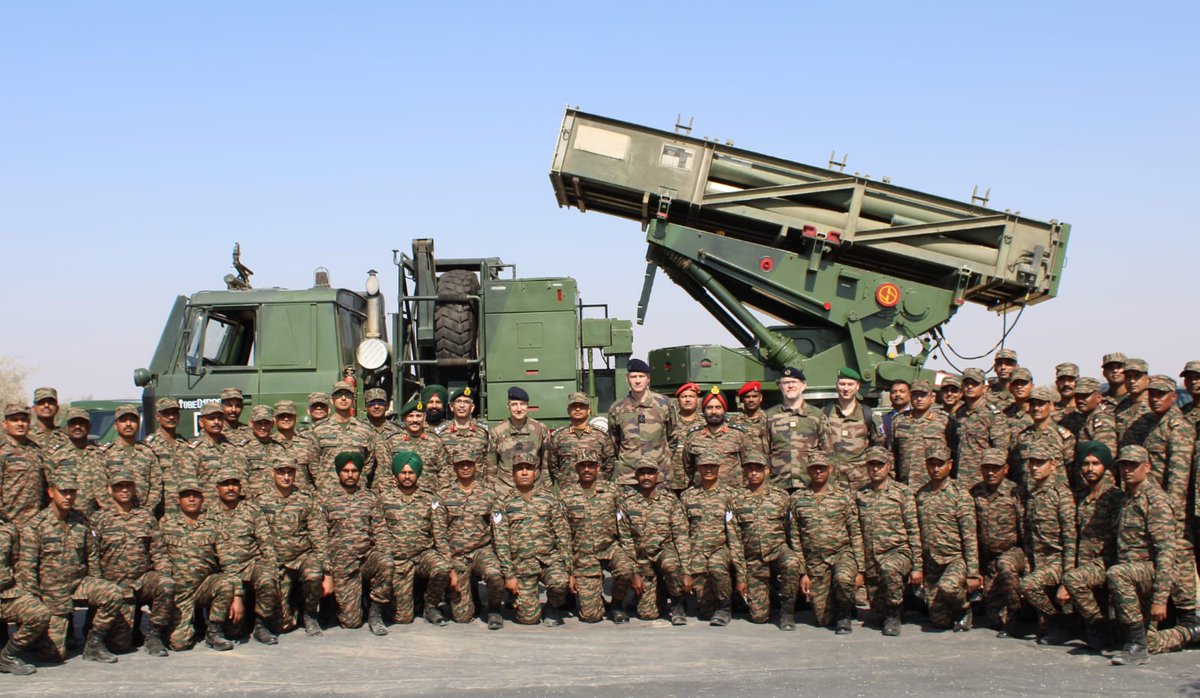 easterncomd's tweet photo. #IndianArmy
#EasternCommand 
General Pierre Schill, Chief of Army Staff of #FrenchArmy, witnessed the power of the indigenous Pinaka Multiple Launch Rocket System at the #Pokhran Field Firing Ranges. The Rising Sun Artillery unfurled a spectacle of might. Thunderous echoes of indigenous Pinaka Long Range Vectors merged with the display of silent precision of next-generation Tata Loitering Munition systems. This grand display of tactical genius and indomitable spirit is a clarion call to the world, showcasing the unparalleled might of the #IndianArmy and rising Indian Defence Industry. Each roar, a testament to our relentless pursuit of excellence, stirs an undying pride and reverence in the heart of every citizen. We stand unwavering, a beacon of strength and innovation, guardians of peace in the relentless march of time. 

The General Officer is on a three-day visit to #India.
#UnmatchedValor #LongRangePrecision #BeyondHorizon 
#MilitaryInnovation
#IndiaFranceFriendship🇮🇳🇫🇷
#Indigenisation 
#EmergingIndia
#AatmaNirbharBharat
@adgpi
@SpokespersonMoD
@armeedeterre 

Facebook - https://t.co/dpM10X6vIm
Instagram - https://t.co/sQCJV5HqzI