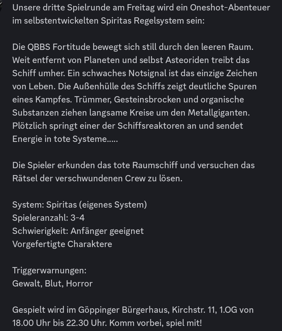 GoeRC_'s tweet photo. #Göppingen #Rollenspielclub #GöRC #PenandPaper #Rollenspiel #RPG #Rollenspieltreff #Spiritas #Oneshot #Horror #SciFi https://t.co/YsRoVKIHWm