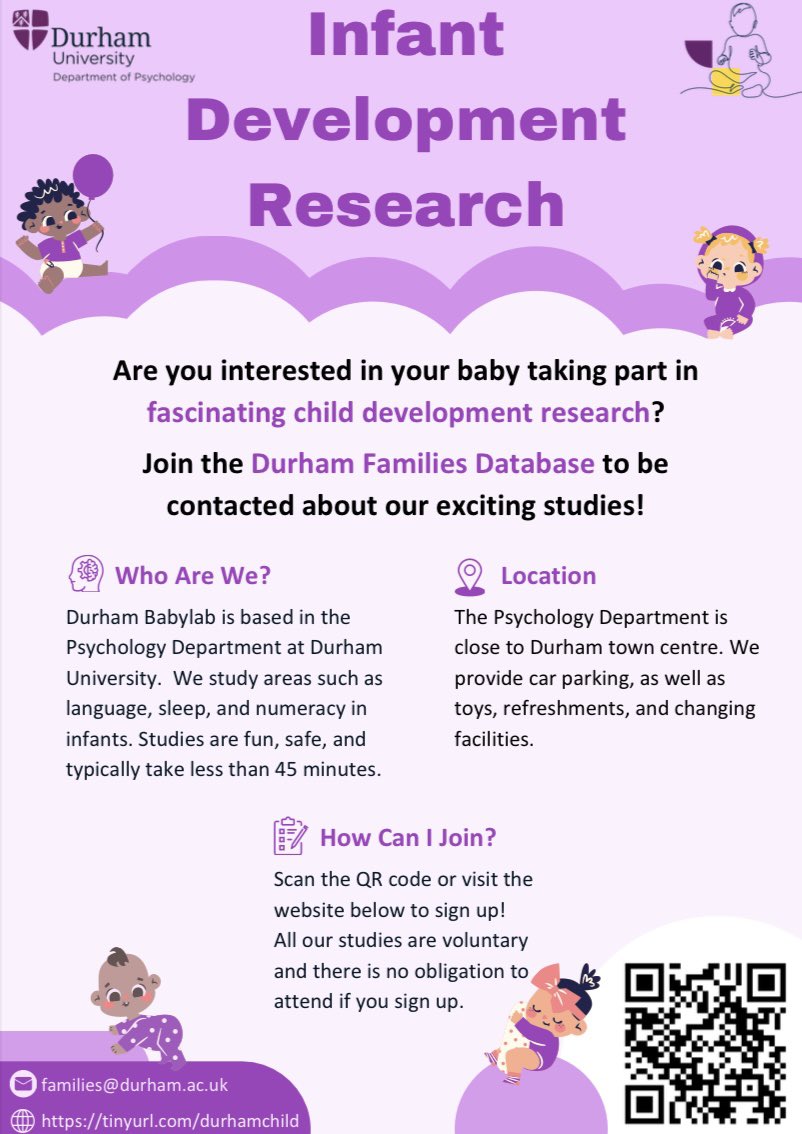 🧠 Are you based in the North East of England and interested in your child taking part in fascinating psychological research? 👶🏼 Join the Durham Family Database today to be contacted about exciting research studies we run! Sign up here: forms.office.com/pages/response…