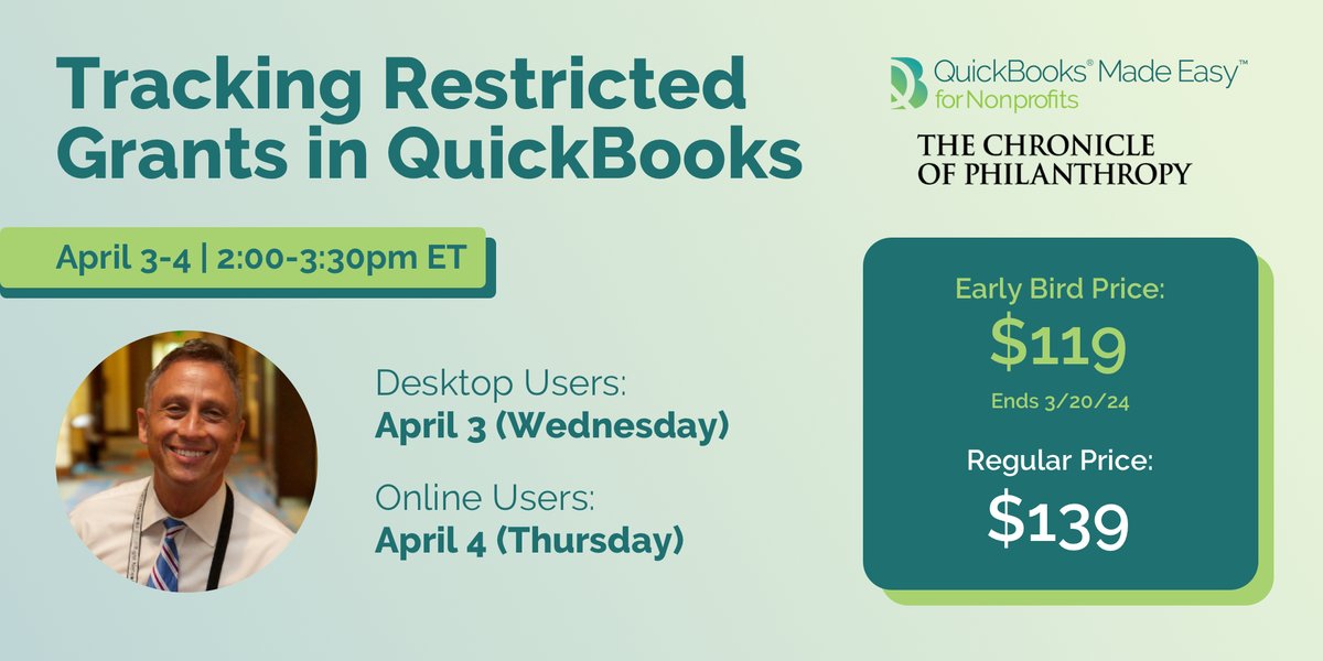 QuickBooks Made Easy (@qbmadeeasy) on Twitter photo Can't wait to partner with <a href="/Philanthropy/">The Chronicle of Philanthropy</a> to offer two webinars designed to help you learn how to easily track restricted grants in QuickBooks. Join us on Wed, April 3 (Desktop) and on Thu, April 4 (Online). To sign up: quickbooksmadeeasy.com/webinars/ Can't wait to partner with <a href="/Philanthropy/">The Chronicle of Philanthropy</a> to offer two webinars designed to help you learn how to easily track restricted grants in QuickBooks. Join us on Wed, April 3 (Desktop) and on Thu, April 4 (Online). To sign up: quickbooksmadeeasy.com/webinars/