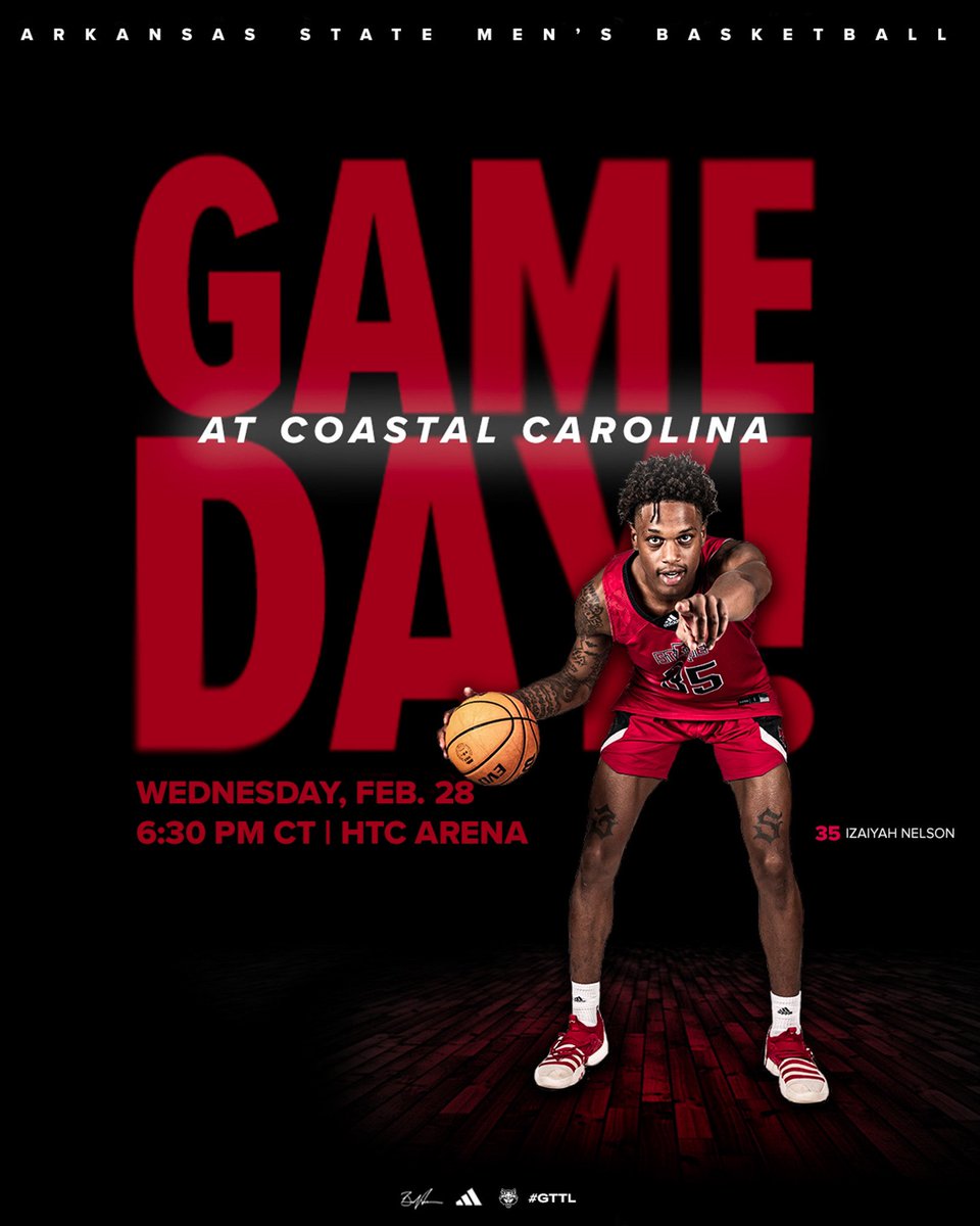 It’s 𝐆𝐀𝐌𝐄𝐃𝐀𝐘 in Conway‼️ 🆚 Coastal Carolina 🕡 6:30 PM CT 📍 Conway, S.C. 🏟️ HTC Center 📺 es.pn/3OUIhcr 📊 bit.ly/AStateMBBStats 📻 bit.ly/3OWeS1G #GTTL | #WolvesUp