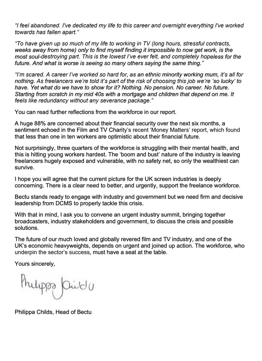 NEW🚨| We have written to DCMS Secretary of State @lucyfrazermp on behalf of thousands of film and TV workers who are struggling amid a work drought and industry slowdown.

We are asking <a href="/DCMS/">Department for Culture, Media and Sport</a> to convene an urgent industry summit and work with us to tackle the crisis.