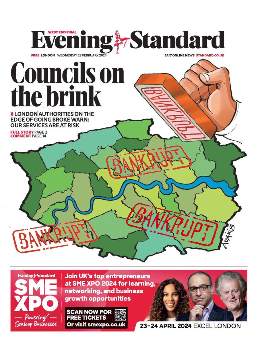 London’s town halls have warned they are “teetering on a financial cliff edge” that threatens to drag them into bankruptcy and put local services at risk - today’s @EveningStandard front page