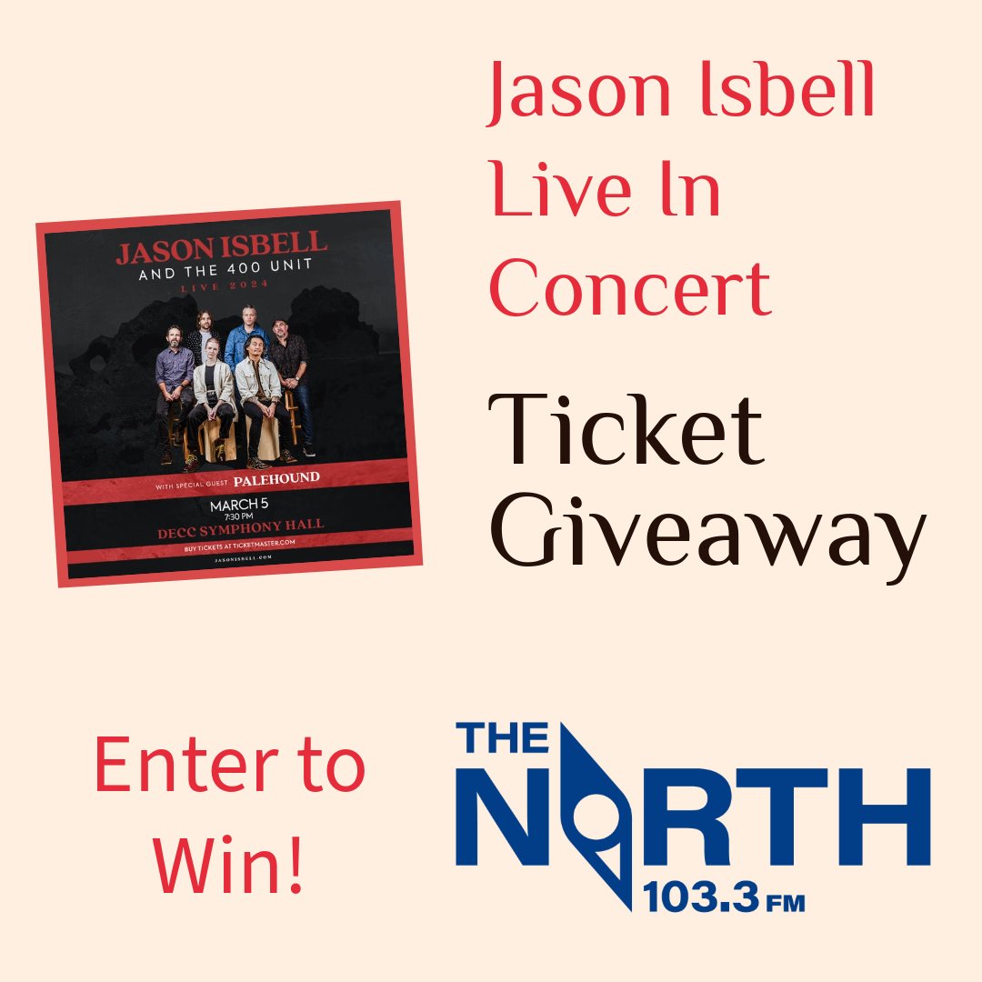 The North 103.3FM is excited to welcome Jason Isbell to the DECC Symphony Hall on March 5th! It’s your lucky day as The North is giving away five pairs of tickets!  Enter our giveaway at this link bit.ly/thenorth_jason… and we’ll draw for tix on Mon. March 4 throughout the day!