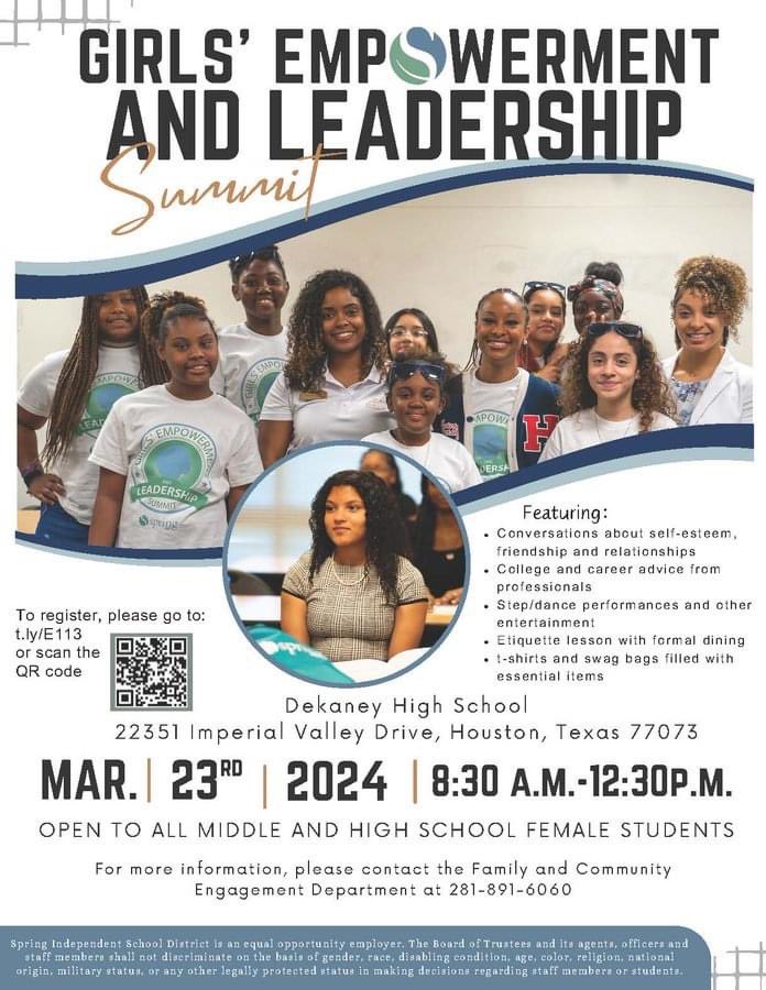 🤩Calling ALL Spring ISD Young Girls! Be sure to register for our Annual 2024 Girls' Empowerment & Leadership Youth Summit to be held on Saturday, March 23, 2024. What middle or high school will have the most representation? Click on the link to register: t.ly/E113