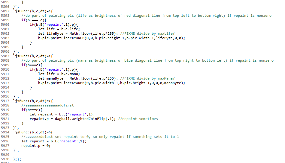 DagBallGame's tweet photo. Game rules (in dagball.fobs) can now turn on/off repainting per gob (game object), adjust variables per gob such as life and mana and any made up var name, and paint the gobs icon based on those vars. See life as brightness of a red diagonal line, and mana as brightness of a blue https://t.co/LKUNMXI6OG