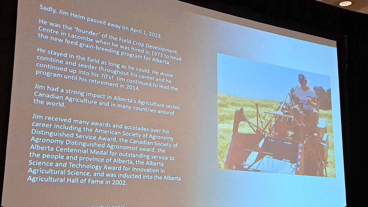 mzienkie's tweet photo. Retiree recognitions at #pgdc2024. Remembering Jim Helm who passed away last April. Jim is credited as a founder of the Field Crop Development Centre in Lacombe. https://t.co/gn5OXAMXng