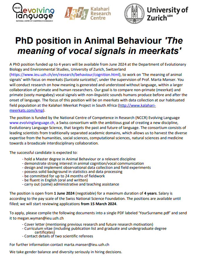 Interested in doing a PhD on what meerkats mean? Or know someone who might? Check out this great opportunity from the @NCCR_Language with Marta Manser at the University of Zürich. Deadline March 15th.