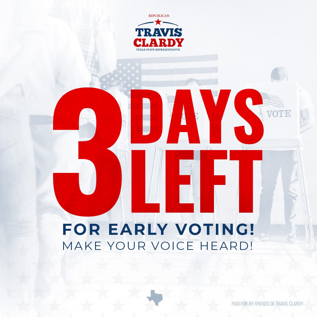 Tick-tock! Just 3 days left for early voting. Every ballot shapes our future. Join the movement with Travis Clardy to protect our borders, cut taxes, and defend Texas values.#StandWithTravis #VoteTexas
