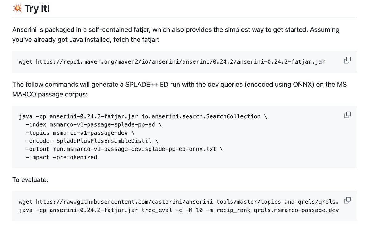 We are on a continual quest to simplify reproducibility. Anserini now allows you to reproduce runs with dense and sparse retrieval models (e.g., on MS MARCO and BEIR) directly from a fatjar, 'installed' via wget. Try it out, let us know what you think! anserini.io