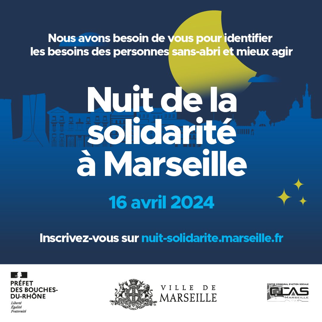 ⭐️La #NuitDeLaSolidarité revient à #Marseille le 16 avril pour sa 3ème édition !
🤝Organisée par la ville de @marseille, avec le soutien de l'Etat, cette opération solidaire permet de mieux connaître la situation & besoins des personnes sans-abri afin d'adapter les politiques