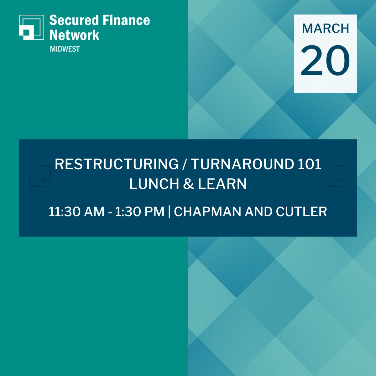 Join us for the Restructuring/Turnaround 101 Lunch &amp; Learn on March 20. Jim Harney, CTP (President, Harney Partners) and Stephen R. Tetro II (Partner, Chapman and Cutler LLP) will conduct the workshop.

Thank <a href="/ChapmanCutler/">Chapman and Cutler LLP</a> for hosting!

Register here: community.sfnet.com/midwestchapter…