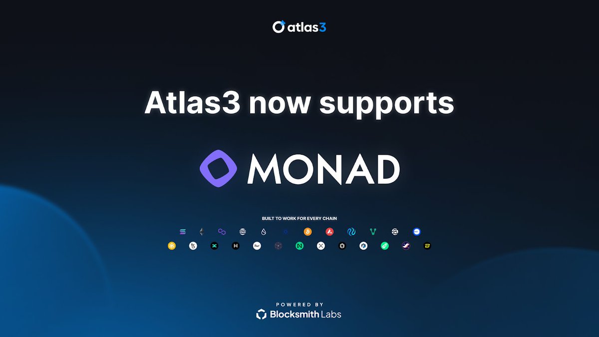 Monad blockchain support is now live on Atlas3! ☄️

👥 Web3 communities from <a href="/monad_xyz/">Monad</a> can now sign up for free on Atlas3 and connect with 8000+ communities across 27 chains.

Enjoy endless whitelists, presales, and more on the #1 platform for NFTs 🔥