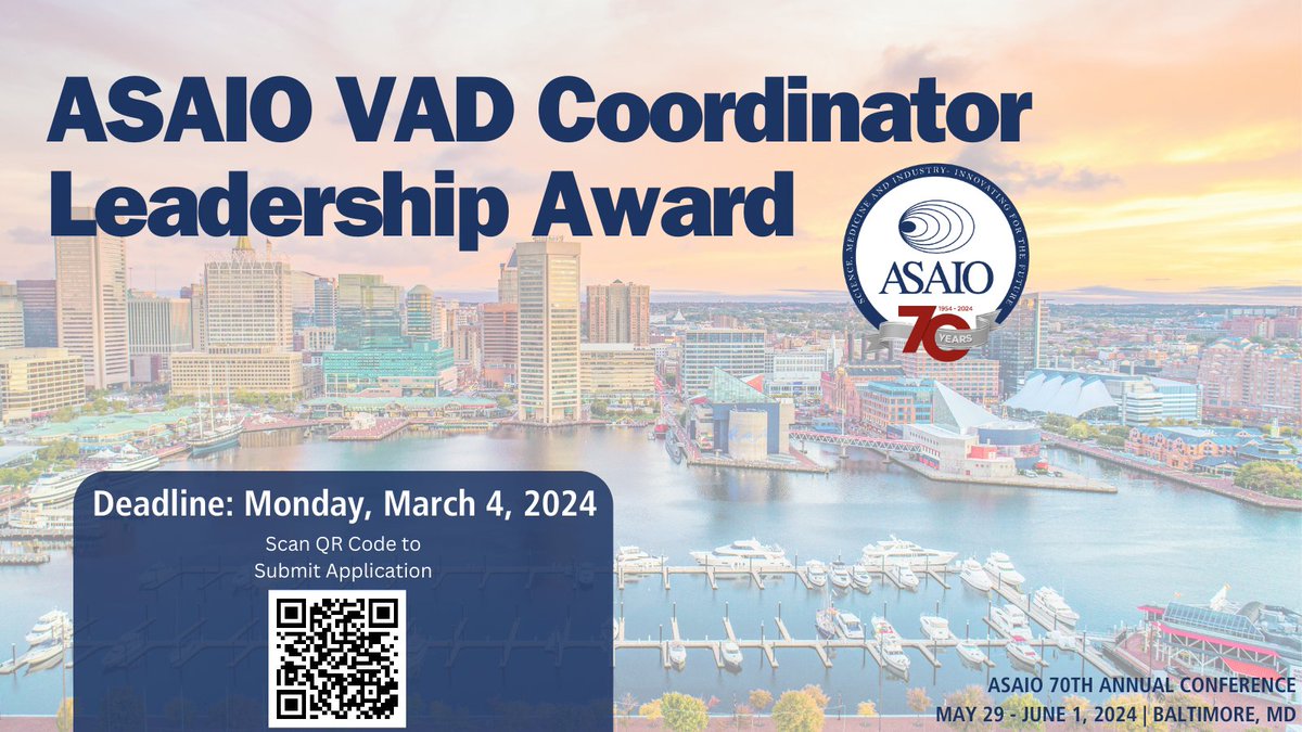 Last Weekend to submit applications for the ASAIO VAD Coordinator Leadership Award! Deadline: Monday, March 4, 2024 Submit Here: asaio.org/forms/2024/VAD… #ASAIO #VADCoordinator #annualconference