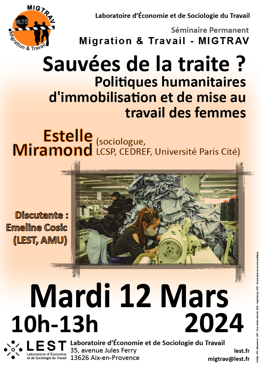 📅 12 mars. Séminaire #Migration & #Travail #MIGTRAV au @LEST_UMR7317, sur politiques humanitaires & travail des #femmes, avec Estelle Miramond, sociologue (LCSP, CEDREF, @univ_paris_cite). Discutante : Emeline Cosic (LEST, @univamu). 👇lest.fr/fr/activites-s… @Delfindelmar3