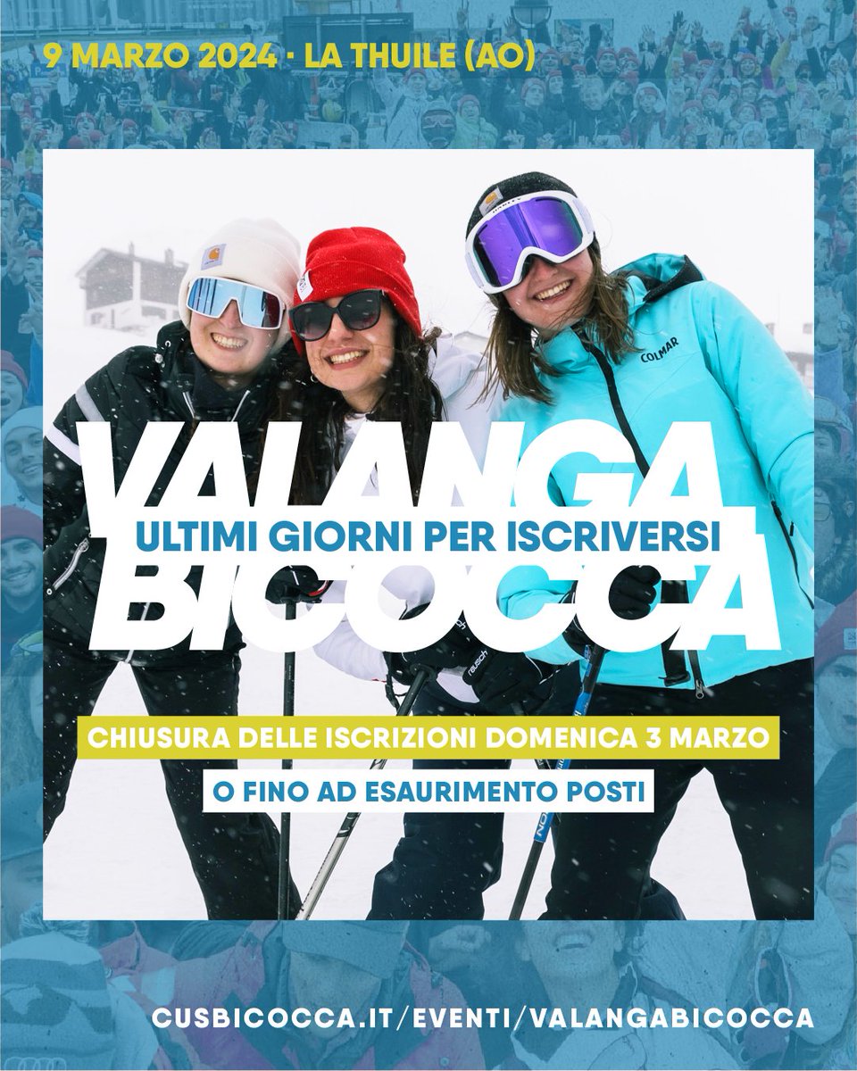 📣  L'ultimo giorno per iscriversi a #ValangaBicocca sarà domenica 3 marzo o fino ad esaurimento posti!

👉 Le modalità di iscrizione sono riportate sul sito: servizi.cusbicocca.it 

ℹ️ PER ULTERIORI INFO E DETTAGLI: cusbicocca.it/eventi/valanga…