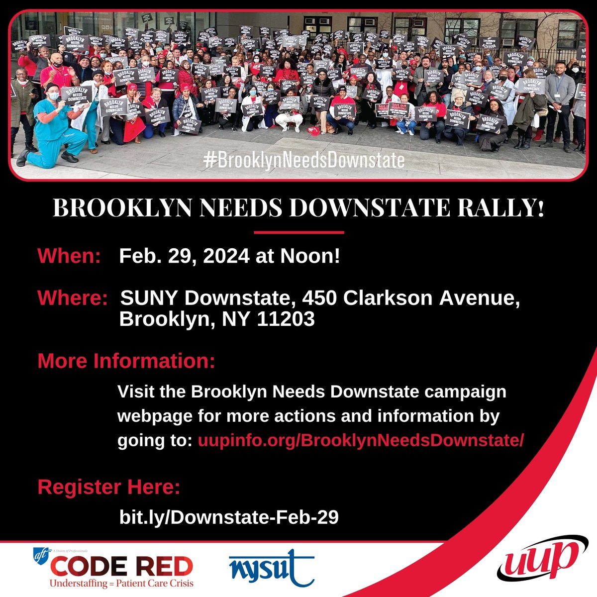 📢📢📢🏥 🏥🏥#BrooklynNeedsDownstate
Thur Feb 29th at Noon
Closing Downstate is due to the core of Racism and Capitalism in US Healthcare. 
-400,000 patients each year —nearly 90%—are living with  Medicaid, Underinsured or Uninsured.
@uupinfo