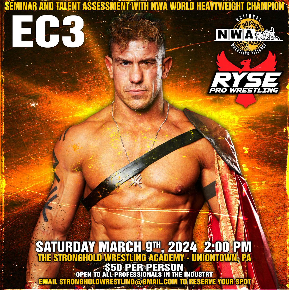 Attention all wrestlers/trainees!  Don't miss out on this remarkable opportunity to sit under the learning tree of The NWA World Champion EC3!  This is a seminar AND a talent assessment!  Reserve your spot by emailing strongholdwrestling@gmail.com