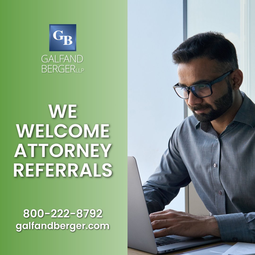 Galfand Berger LLP gladly welcomes referrals from other attorneys. Call 800-222-8792 to learn more.

#GalfandBergerLLP #PhillyLawFirm #LawFirm #Attorneys #FreeConsultation #InjuryLawyers #YourInjuryOurFight #AttorneyReferral