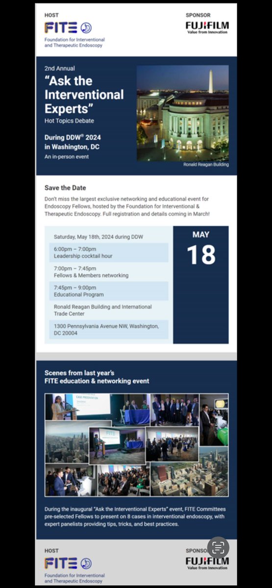 Make sure to be there! Last year’s event was great and this one will be even better! 🔥 🔥 @FITE_endoscopy #ddw24 #interventionalendoscopy @MohitGirotra @neilRsharmaMD @drgaidhane @mkahaleh @ShyamTMD @DavidDiehlMD #davidloren @CShieh_MD @UCDavisGI #fellows