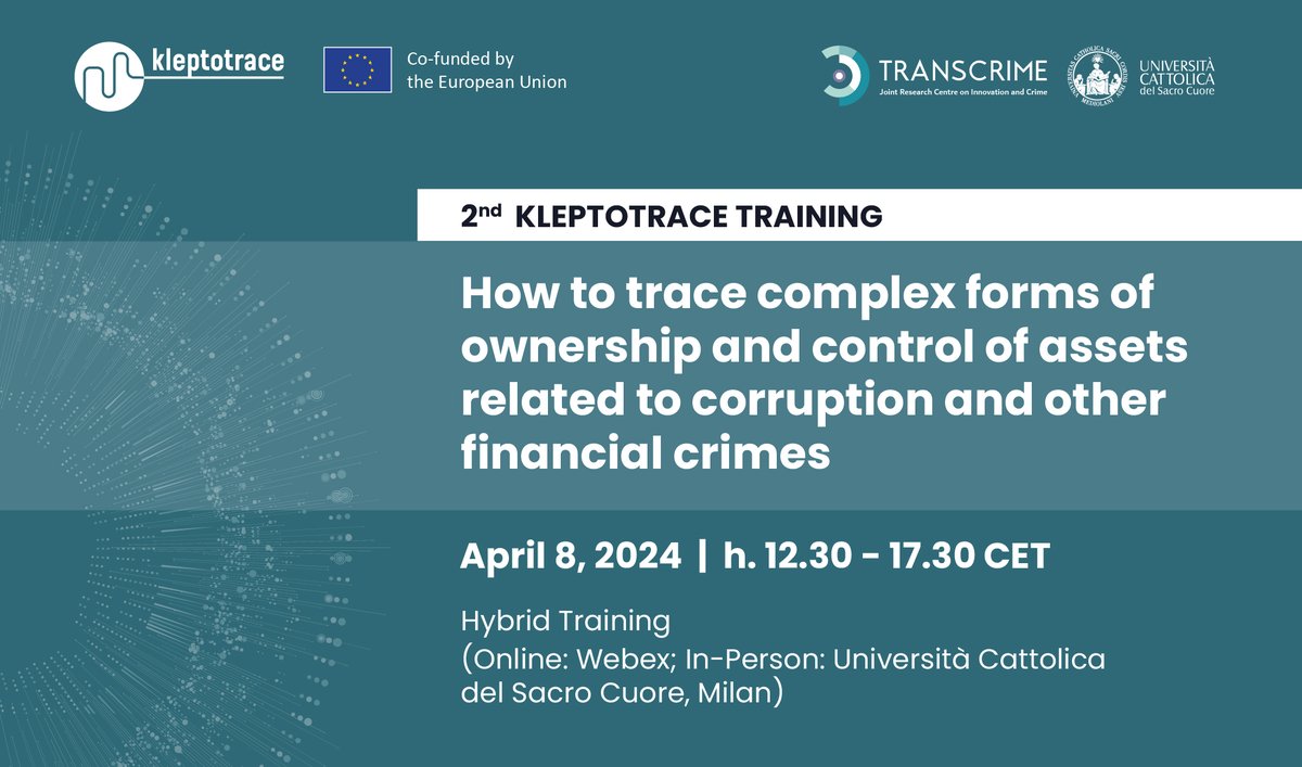 📢 Join the 2nd #KLEPTOTRACE #training:
"How to trace complex forms of ownership and control of assets related to corruption and other financial crimes"

Aimed at practitioners from public authorities and the private sector.

🔗Discover more and register: eventbrite.it/e/kleptotrace-…