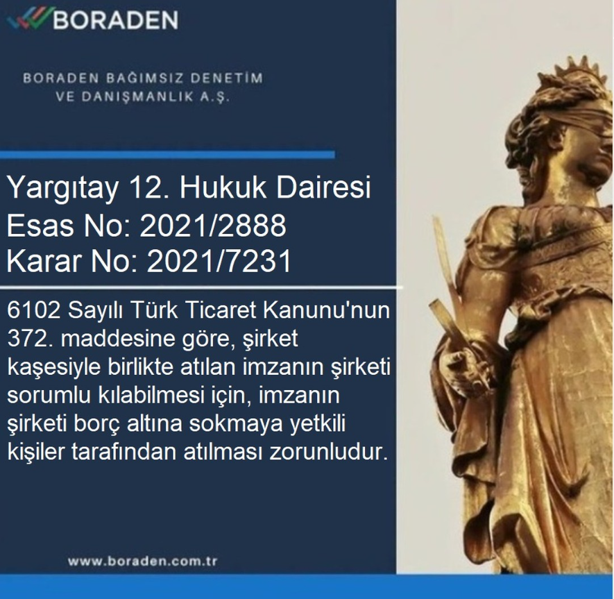 6102 Sayılı Türk Ticaret Kanunu'nun 372. maddesine göre şirket kaşesiyle birlikte atılan imzanın şirketi sorumlu kılabilmesi için, imzanın şirketi borç altına sokmaya yetkili kişiler tarafından atılması zorunludur.

#boradenturkey #bilgilendirme