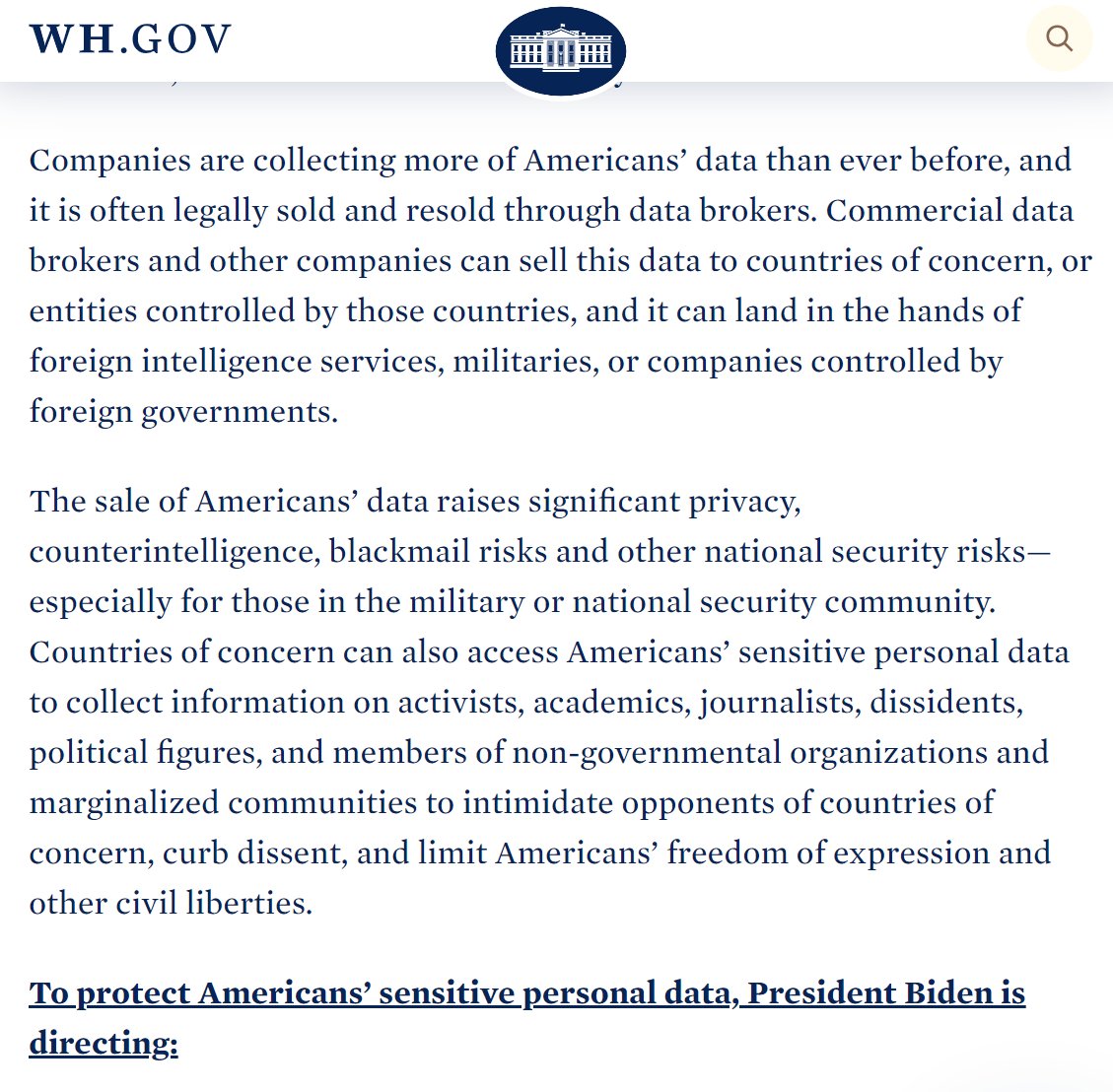 Prière de ne pas rire. La Maison Blanche décide de bloquer le transfert de données des Américains vers certains pays tiers parce que les données sensibles des Américains c'est mieux que ça reste aux USA (par contre on veut bien celles des Européens) whitehouse.gov/briefing-room/…