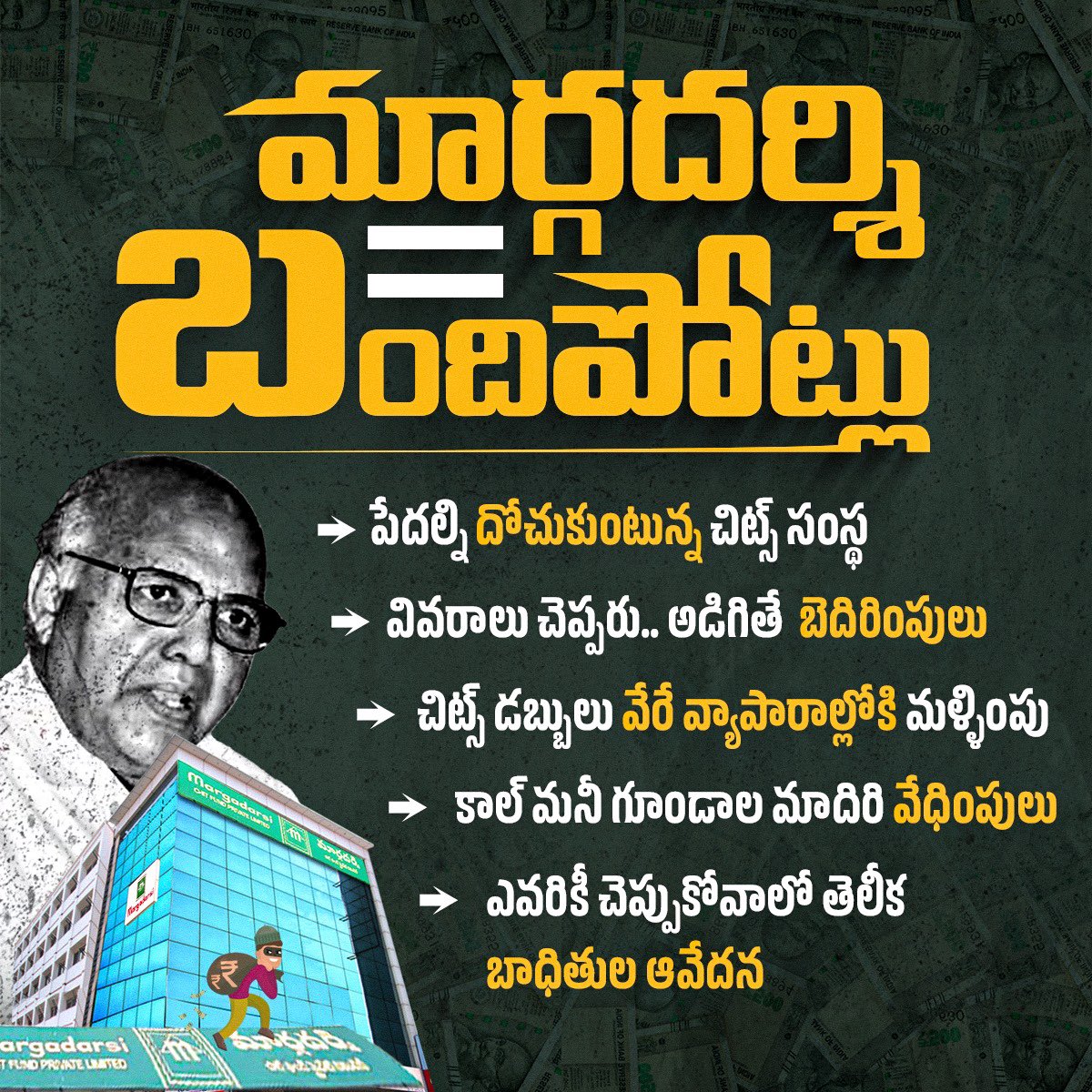 YSRCParty's tweet photo. మార్గదర్శి చిట్‌ఫండ్స్‌ అక్రమాల పుట్ట బద్దలు కావడంతో రామోజీరావు బెంబేలెత్తుతున్నాడు. అందుకే మార్గదర్శి బాధితులకి రామోజీ బందిపోట్ల ముఠా బెదిరింపులకు పాల్పడుతోంది.

#ScamsterRamoji
#MargadarsiScam https://t.co/MMc53Pe3cK