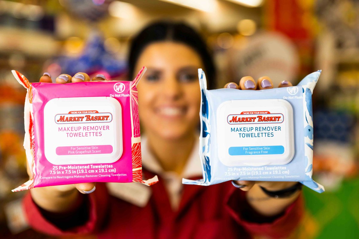 ✨NEW ITEM✨ Use them for your nightly routine or take them on the go when you travel: MB makeup remover towelettes give you the same clean as leading brands, but are #MoreForYourDollar. Find them at your local Market Basket, available in pink grapefruit scent or fragrance free.