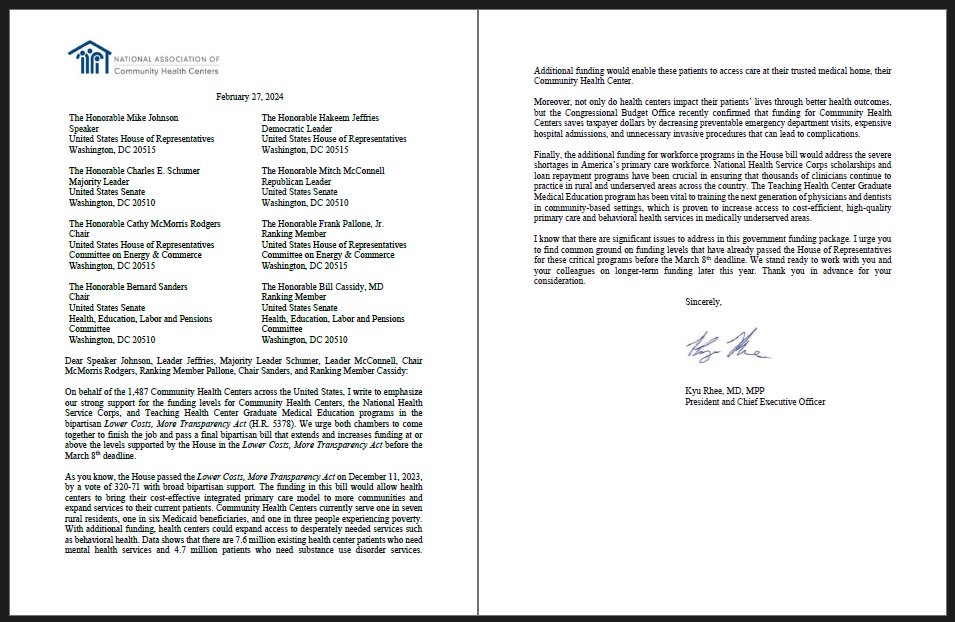 NACHC urges Congress to come together and pass a final bill that extends and increases funding at/above the levels supported by the House in the Lower Costs, More Transparency Act before March 8. #ValueCHCs

Read our new letter to congressional leadership: hcadvocacy.org/wp-content/upl…