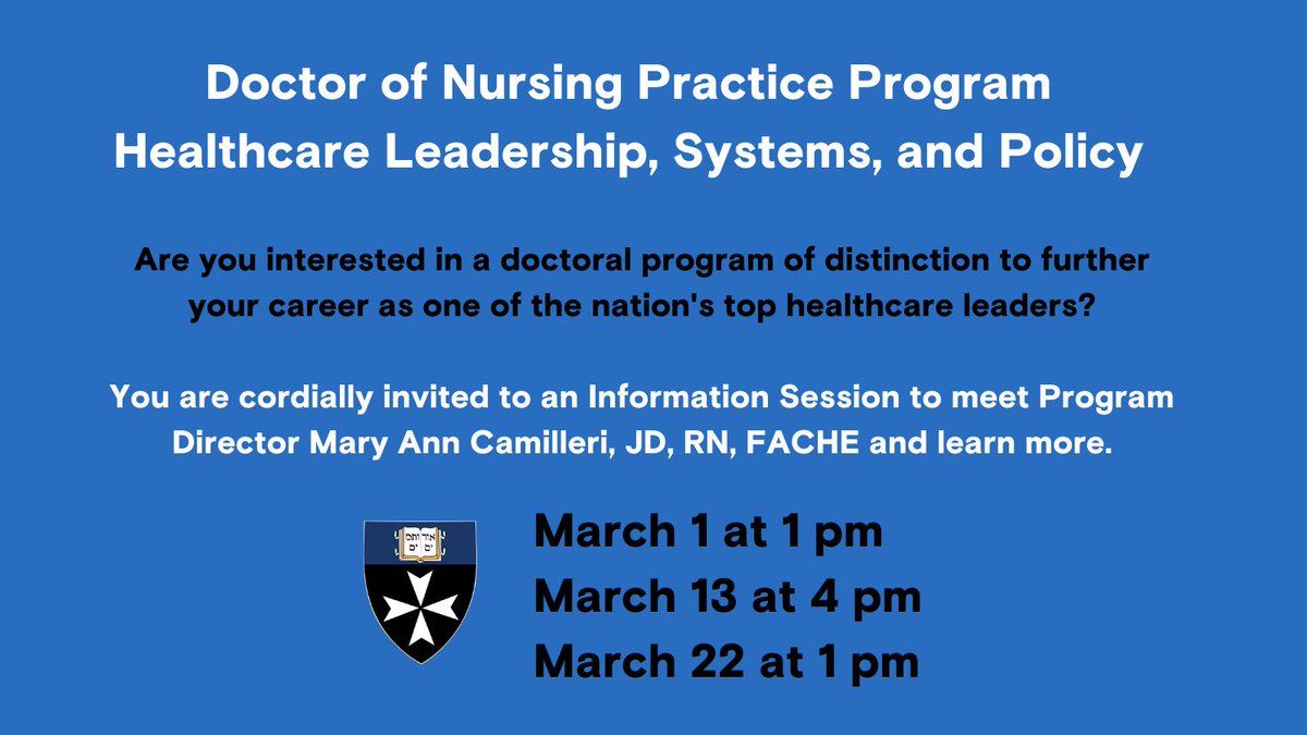 Are you interested in a DNP of distinction to further your career as one of the nation’s top healthcare leaders? Join us on 3/1 at 1 pm, 3/13 at 4 pm or 3/22 at 1 pm for a virtual info session to meet the program director and learn more. Register: ow.ly/A2kX50QILHj