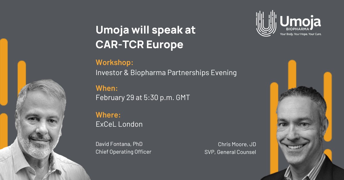 Our COO, David Fontana, and SVP, General Counsel, Chris Moore, will lead a workshop on the current #CellTherapy investment space at <a href="/CAR_TCell/">CAR-TCR</a>'s #CARTCR Europe. Join us to discuss reinvigorating investment in this promising space after a challenging year: brnw.ch/21wHpca