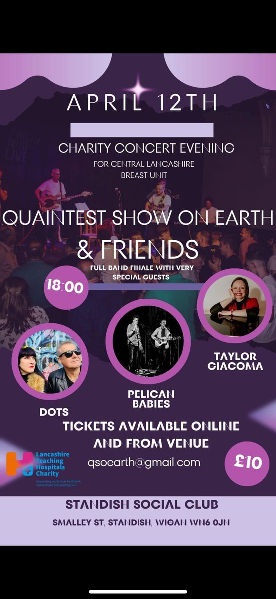 Charity supporter, Rob Jones who is part of local band <a href="/QSOEarth/">Quaintest Show On Earth</a>, is hosting a charity concert evening at Standish Social Club on 12th April to raise funds for the Breast Unit at Royal Preston! 🎶

For tickets &amp; further details please email 👉 qsoearth@gmail.com🤩
