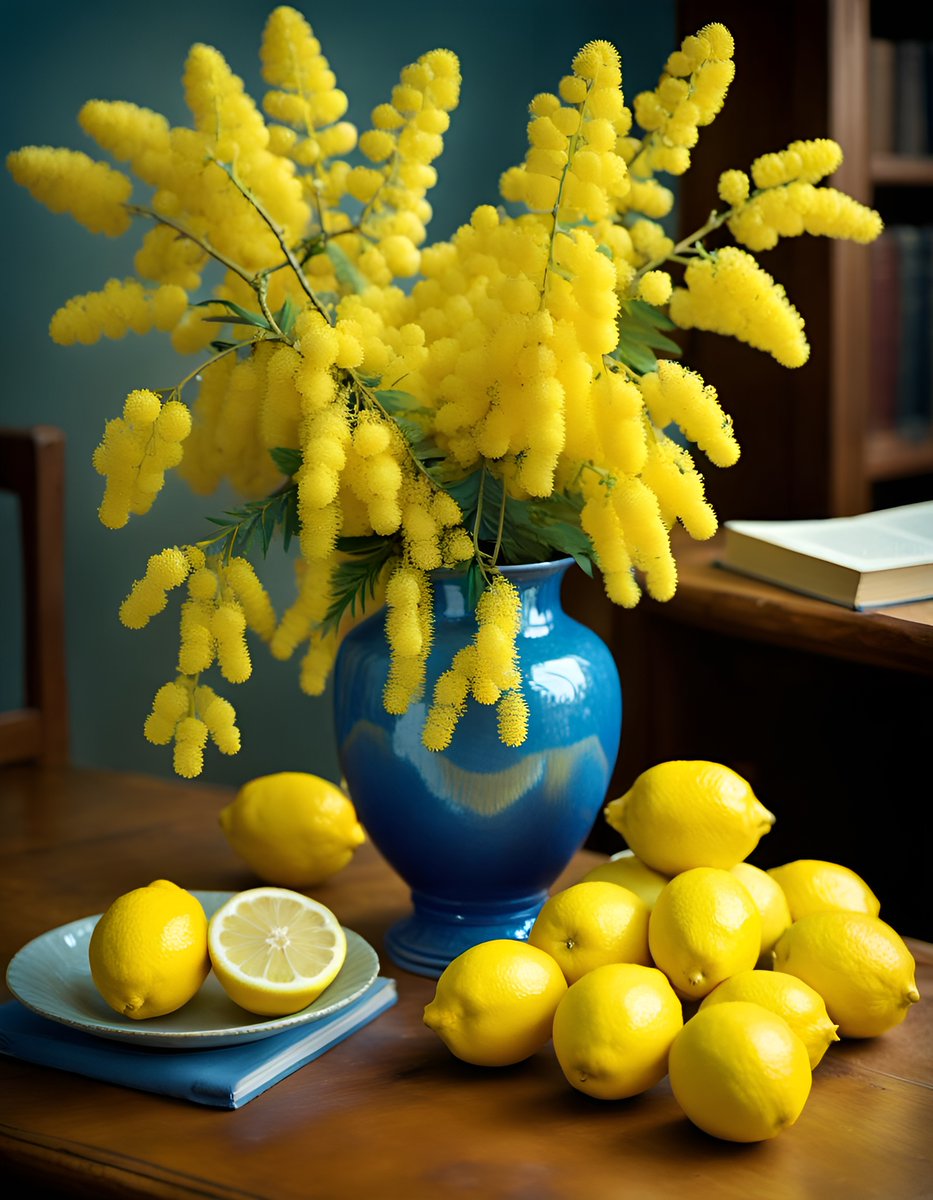 Still Life | Yellow Mimosa Flower Vase with Lemons - made with NightCafe Creator  creator.nightcafe.studio/creation/zHV8w… #aiart #nightcafe #digitalart #vqganclip via @NightcafeStudio