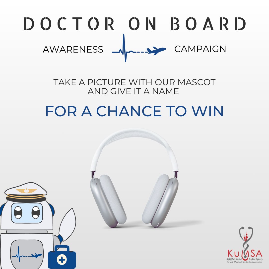 KuMSA_Q8's tweet photo. Take a picture with our mascot and post it with the hashtag #DoctorOnBoard🛩️ to get a chance to win AirPods Max 🎧! https://t.co/S2OdlKZnLZ