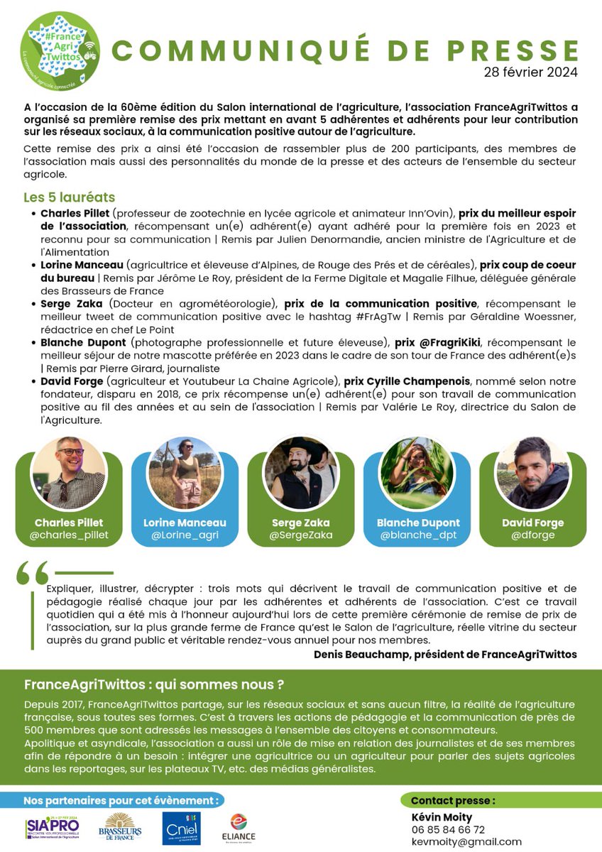 Fragritwittos's tweet photo. 📣 Lors de la 60eme édition du @Salondelagri et pour la 6eme édition du tweet-apéro annuel de l'association, une cérémonie de remise de prix à été organisée pour célébrer la #ComPositive
👉 5 adhérent(e)s de l'association récompensées

Communiqué de presse ⤵️
#FrAgTwSIA2024 https://t.co/qnd7pmv4j4