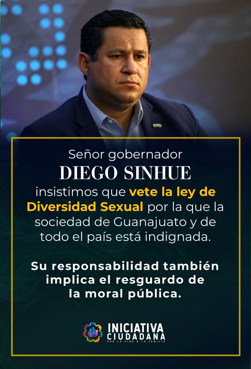 Gobernador: 
Vete la ley de diversidad sexual

#VeteLeyDiversidadGto
#PANAsiNoTeVoto
#GtoEsProfamilia

<a href="/diegosinhue/">Diego Sinhue Rodríguez Vallejo</a> 
<a href="/LibiaDennise/">Libia Dennise</a> 
<a href="/CongresoGto/">Congreso del Estado de Guanajuato</a>
@gobiernogto